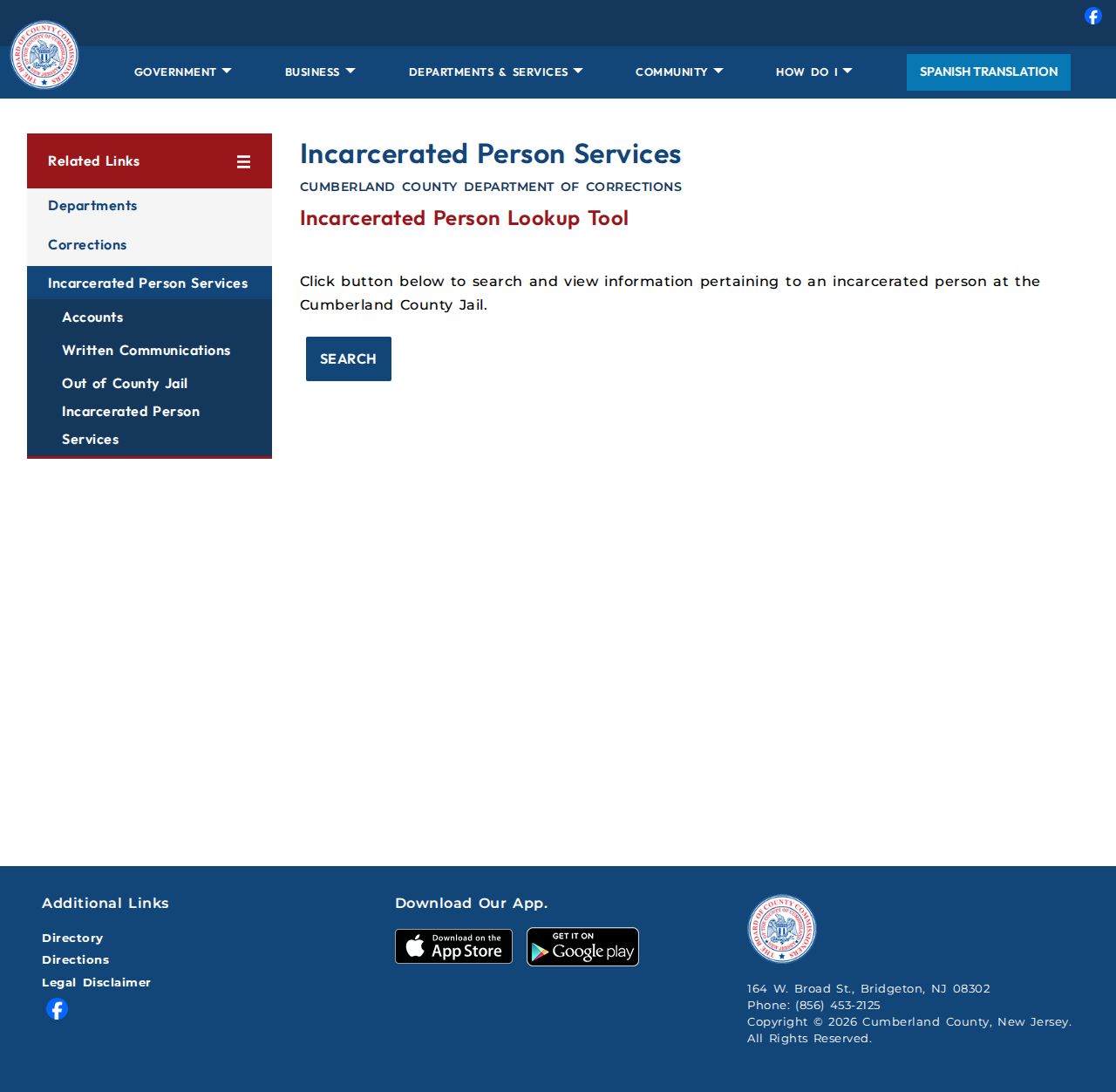Cumberland County Jail official incarcerated person lookup page for current custody records